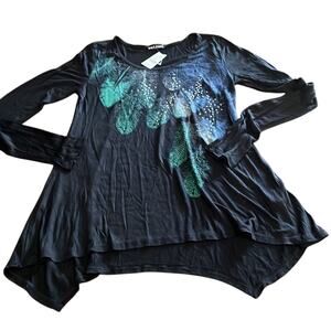 Wet Seal XS Black Knit Tunic Top Feather Design Rhinestone Embellished Y2K